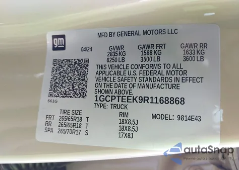 2024 Chevrolet Colorado 4Wd Trail Boss z USA, uszkodzony, nr VIN 1GCPTEEK9R1168868